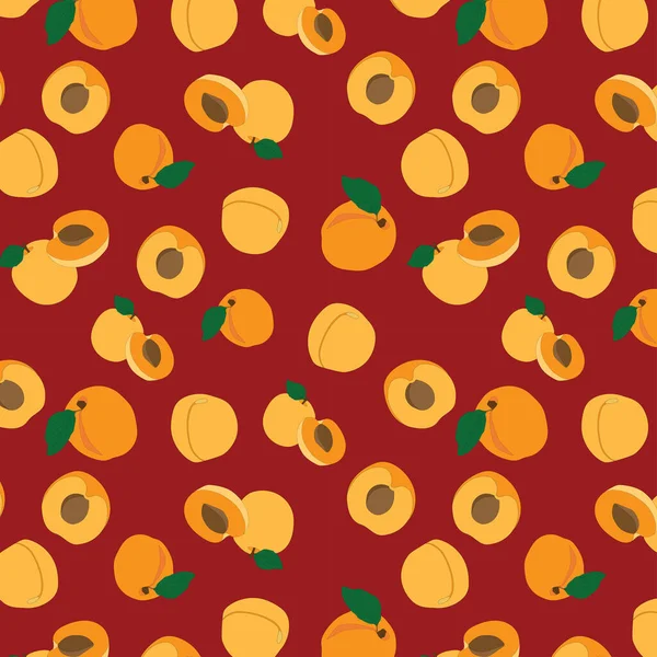 Handgezeichnete Nahtlose Aprikosenfrucht Und Schnittmuster Auf Rotem Hintergrund Fruchtmuster Mit — Stockvektor