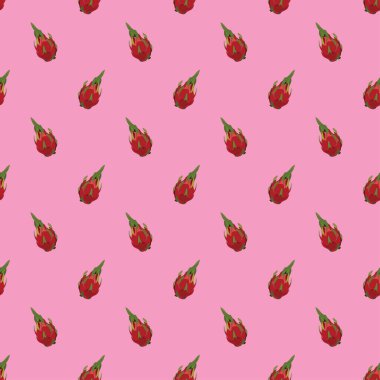 Pembe arka planda ejderha meyvesi olan kusursuz vektör deseni. Egzotik tropik meyve pitayalarının vektör tasarımı.