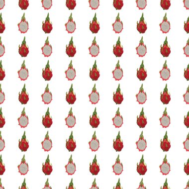 Beyaz arka planda ejderha meyvesi olan kusursuz vektör deseni. Egzotik tropik meyve pitayalarının vektör tasarımı.