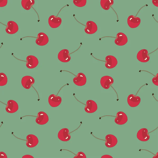 Seamless Pattern Red Cherries Sweet Red Rip Cherry Berries Green — Stock Vector