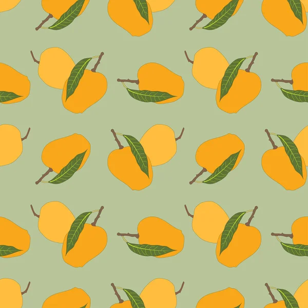 Yeşil arka planda yaprakları olan kusursuz mango deseni. Olgun mango vektör çizimi.
