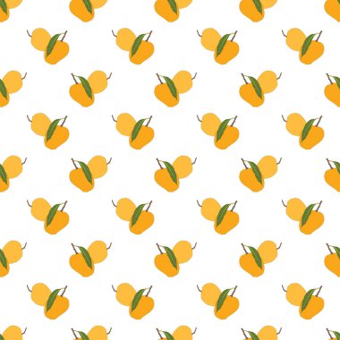 Beyaz arka planda yaprakları olan kusursuz mango deseni. Olgun mango vektör çizimi.