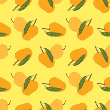Sarı arka planda yaprakları olan kusursuz mango deseni. Olgun mango vektör çizimi.