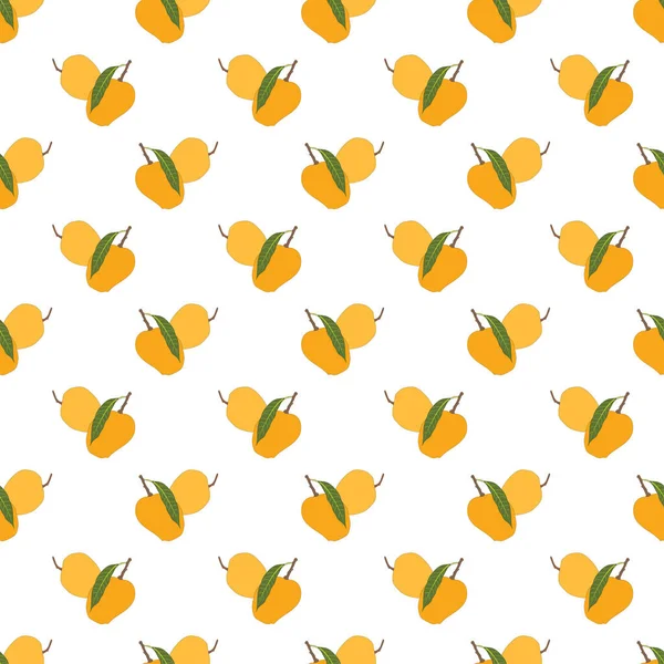 Beyaz arka planda yaprakları olan kusursuz mango deseni. Olgun mango vektör çizimi.