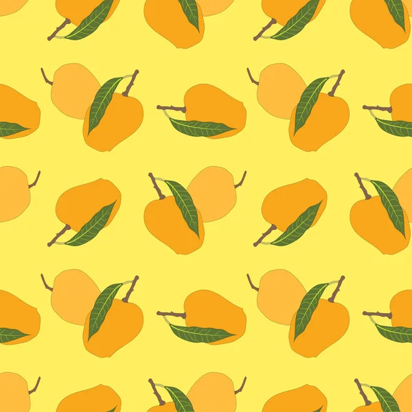 黄色の背景の葉でシームレスなマンゴーパターン マンゴーベクトルイラストを熟す — ストックベクタ
