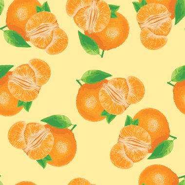 suluboya portakal meyvesi ve yumuşak sarımsı turuncu arka planda yaprakları olan kusursuz bir yaz deseni. Basit vektör dokusu.