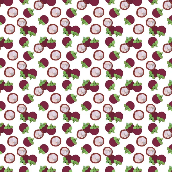 Purple Mangosteen Seamless Pattern Illustration White Background Exotic Tropical Fruit — Stock Vector