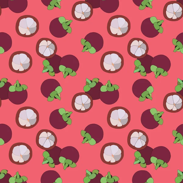 Μωβ Mangosteen Αδιάλειπτη Απεικόνιση Μοτίβο Κόκκινο Φόντο Εξωτικά Τροπικά Φρούτα — Διανυσματικό Αρχείο
