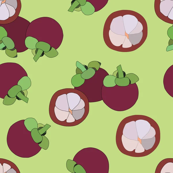 Fioletowy Mangosteen Bezszwowy Wzór Ilustracji Różowym Tle Egzotyczne Owoce Tropikalne — Wektor stockowy