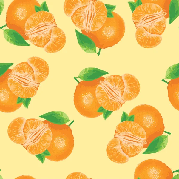 suluboya portakal meyvesi ve yumuşak sarımsı turuncu arka planda yaprakları olan kusursuz bir yaz deseni. Basit vektör dokusu.