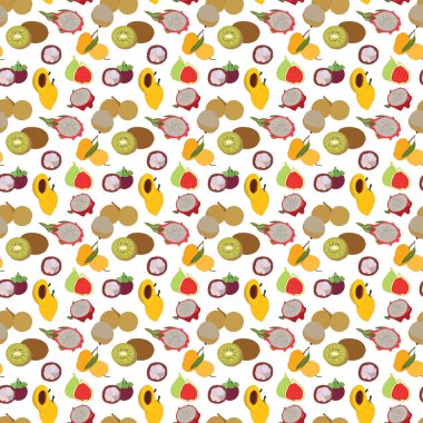 Beyaz arka planda mangosin, nactarine, incir, mango, longan, muz, ejderha meyvesi ve kutusuyla kusursuz tropikal meyve deseni..