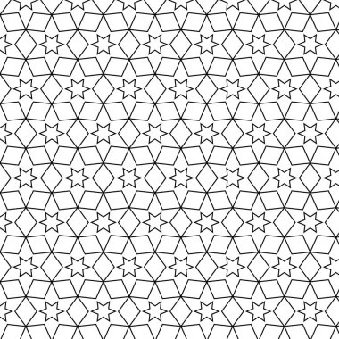 Beyaz arka planda kusursuz soyut doğrusal desen. Altıgen yıldız ve elmas şekilli desenlerle yapılmış. vektör illüstrasyonu.