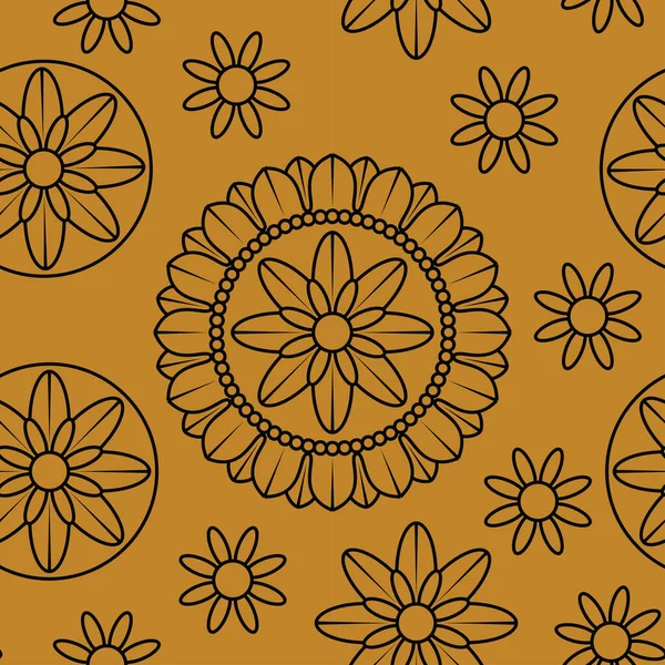 东方无缝装饰曼陀罗图案与花卉和几何装饰 传统的土耳其族 印地安人 岛屿人 褐色背景 — 图库矢量图片