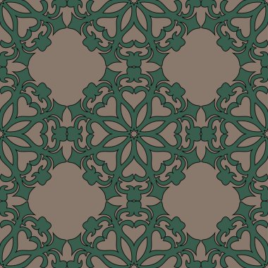 Damask çiçeksiz desen. Geleneksel oryantal desen yeşil renkte. Kumaş, moda, baskı ve tekstil için geleneksel lüks menekşe dokusu.