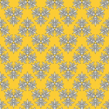 Sarı arka planda gösterişli çiçek motifli pürüzsüz desen. Egzotik geometrik desen. Etnik, Hintli, Arap, Türkçe, İspanyol çizimleri.