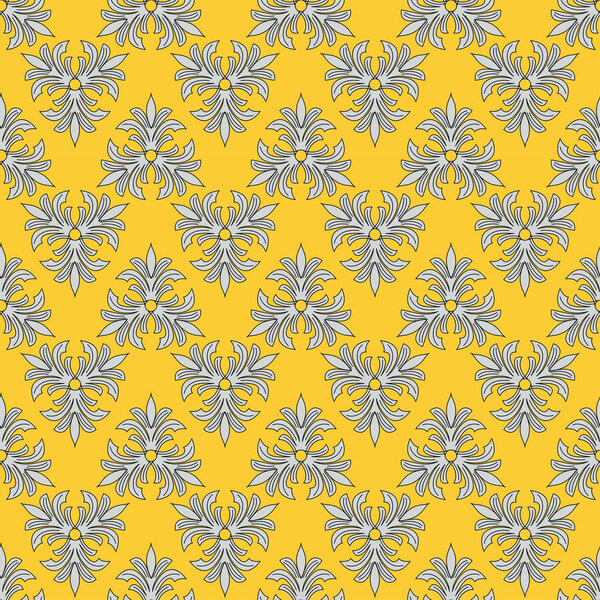 luxurious floral motif seamless pattern on yellow background. exotic floral geomatric pattern. ethnic, indian, arabic, turkish, damask illustration.