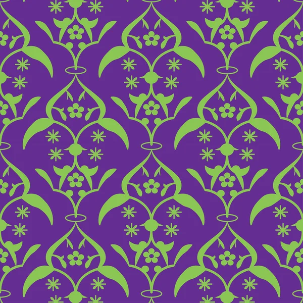 Púrpura Verde Clásico Patrón Sin Costuras Damasco Vintage Indio Étnico — Vector de stock