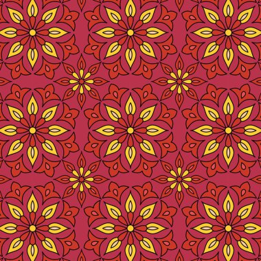 Doğu Geometrik kusursuz desen. Çiçek desenli illüstrasyon. Kırmızı arka planda kırmızı ve sarı çiçek deseni var. Hintçe, Arapça, Türkçe kumaş, tekstil, moda