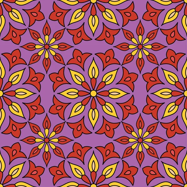 东方几何无缝图案 花型图解 紫色背景上的红色和黄色花纹 印度民族风格 阿拉伯式 土耳其式 纺织品 时装用 — 图库矢量图片