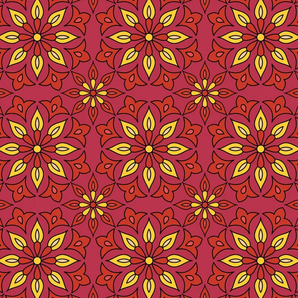 东方几何无缝图案 花型图解 红色背景上的红色和黄色花纹 印度民族风格 阿拉伯式 土耳其式 纺织品 时装用 — 图库矢量图片