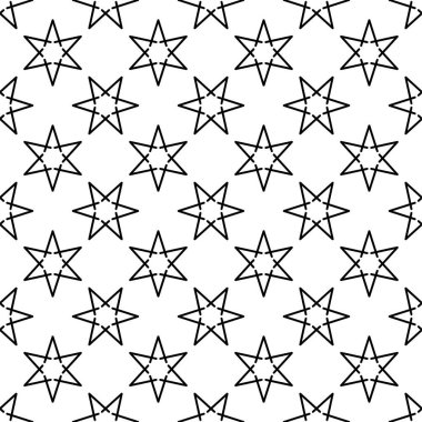 Kusursuz yıldız deseni. Siyah ve beyaz dokusunda yıldız şekilleri olan desen. yazdırma, ağ, arkaplan, döşeme, kumaş deseni.
