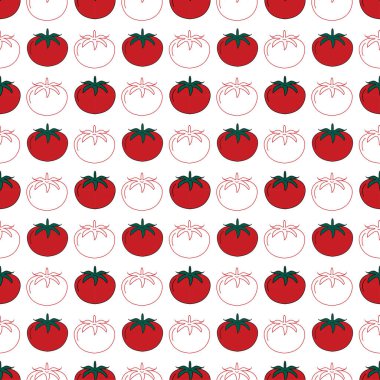 Kırmızı el beyaz arka planda dikişsiz kiraz domatesi deseni çizdi. Tekstil, afiş, ambalaj kağıdı, baskı, yorgan ve diğer ürünler için arkaplan.