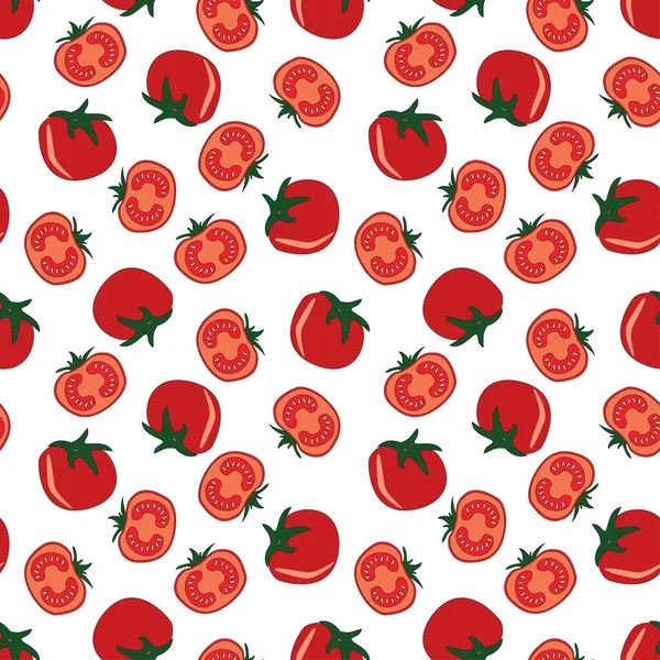 Rote Tomate Nahtlose Muster Auf Weißem Hintergrund Scheiben Hälften Und — Stockvektor