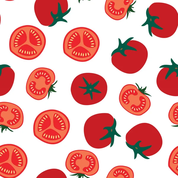 Rote Tomate Nahtlose Muster Auf Weißem Hintergrund Scheiben Hälften Und — Stockvektor