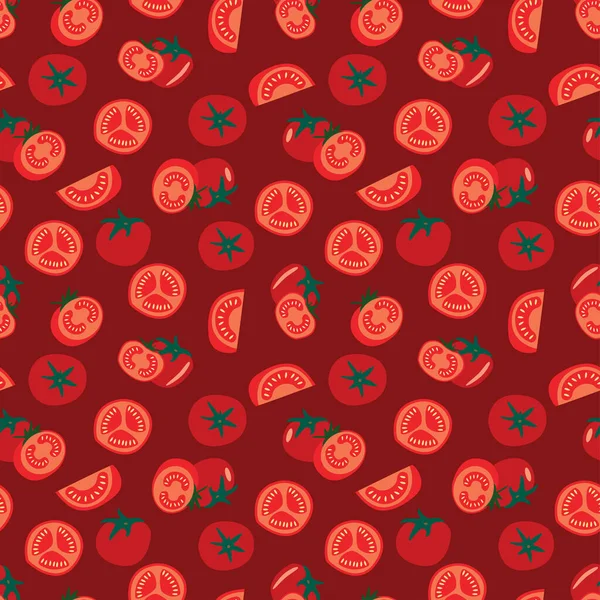 红色背景上的红色番茄无缝图案 半片和樱桃西红柿 纺织品 包装纸 印刷品 被子及其他产品的背景 — 图库矢量图片