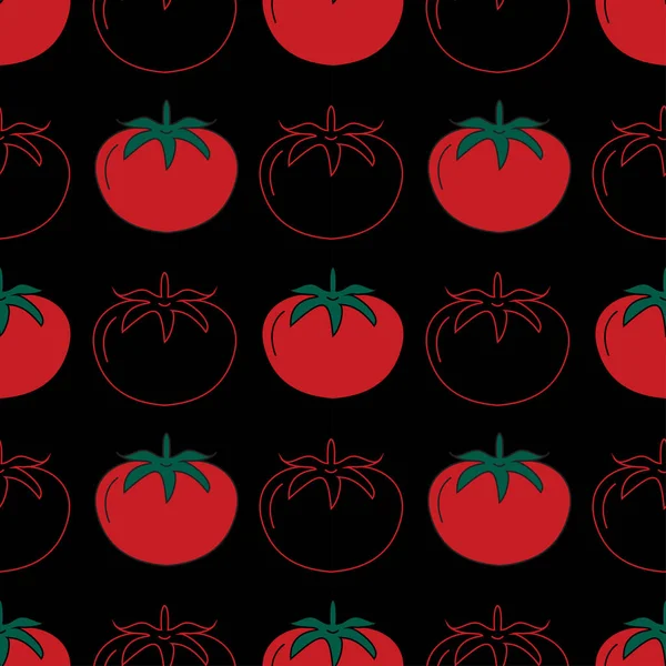 Rote Handgezeichnete Kirschtomaten Mit Nahtlosem Muster Auf Schwarzem Hintergrund Hintergrund — Stockvektor