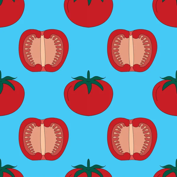 Rote Tomate Nahtlose Muster Auf Weißem Hintergrund Hälften Und Kirschtomaten — Stockvektor