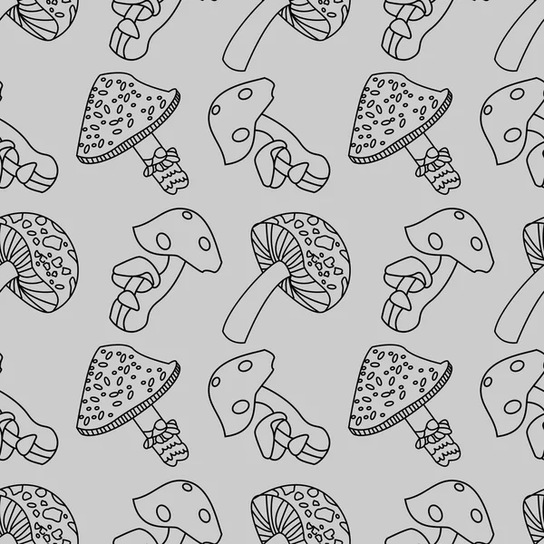 Hand Drawn Linear Mushroom Seamless Pattern Mushroom Vegetable Illustration Pattern — Stock Vector