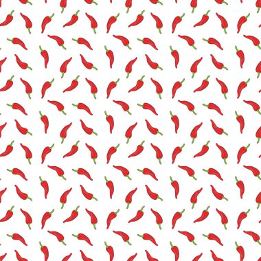 Kırmızı biberli kusursuz desen ya da beyaz arka planda biber. Ambalaj kağıdı, duvar kağıdı, tekstil, afiş deseni.