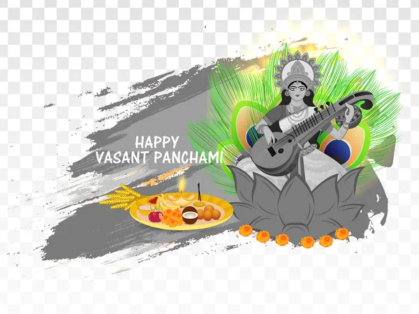 Šťastný Vasant Panchami Černobílý Vektor Ilustrace Moudrosti Bohyně Maa Saraswati — Stockový vektor