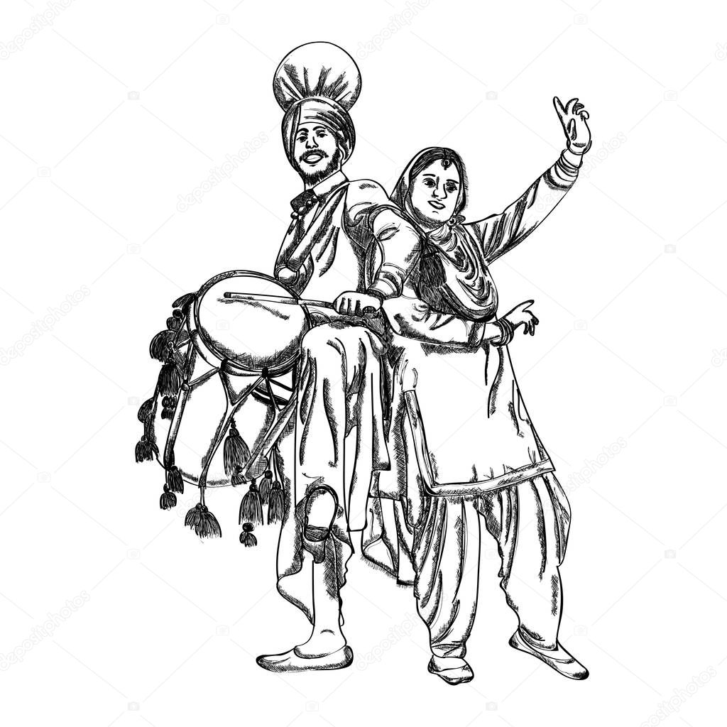 Vector illustration of punjabi couple dancing bhangra with dhol on the punjabi festival Happy lohri.