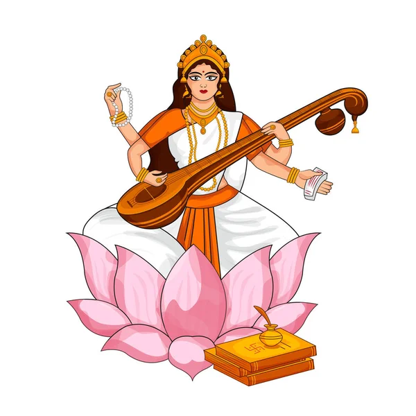 Hermosa Diosa de la Sabiduría, música, arte y conocimiento Maa Saraswati boceto ilustración en el festival indio fondo vasant panchami . — Archivo Imágenes Vectoriales