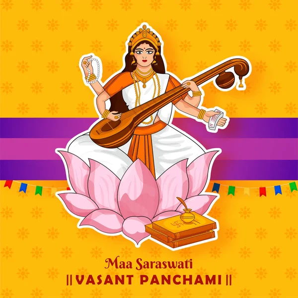 Hermosa ilustración creativa de la diosa de la sabiduría, el arte, la música, el conocimiento y el aprendizaje maa saraswati sentado en el loto. Celebración del panchami Basant . — Vector de stock