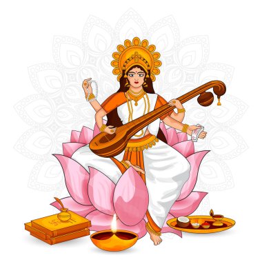Güzel bilgelik, müzik ve bilgi tanrıçası Maa Saraswati Hint festivali mandala arka planında Basant panchami.