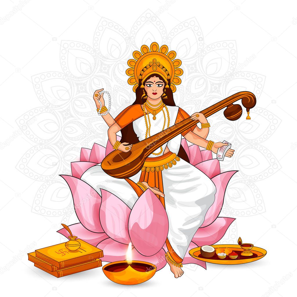 Beautiful Goddess of Wisdom, music, and knowledge Maa Saraswati vector illustration on the indian festival mandala background on Basant panchami.