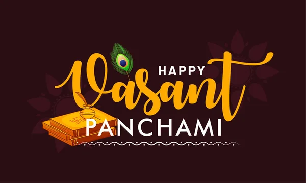 Happy Vasant Panchami typografie přání s knihami na tmavém pozadí s mandalou . — Stockový vektor