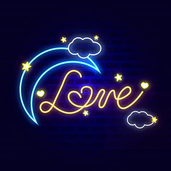 Amore calligrafia effetto neon con colori eleganti con luna e nuvole . — Vettoriale Stock