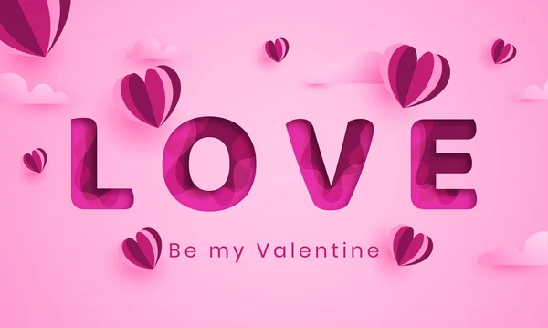 Векторная романтическая бумага вырезает абстрактный романтический фон ко Дню Святого Валентина с розовыми оттенками бумажных сердец, облаков и воздушных шаров сердца. Элегантный розовый фон с моим валентинным текстом . — стоковый вектор