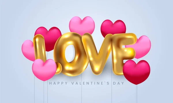 Feliz día de San Valentín. Ilustración de vacaciones de oro metálico amor tipografía vector realista 3d texto con globos de corazón realistas 3d . — Archivo Imágenes Vectoriales