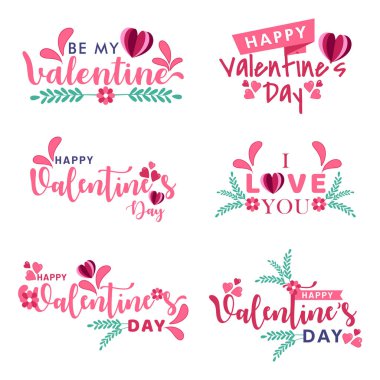 Sevgililer günün kutlu olsun. Mektup kartı. Kalpli, kurdeleli, yapraklı, çiçekli ve kaligrafi metinli tipografik arkaplan.