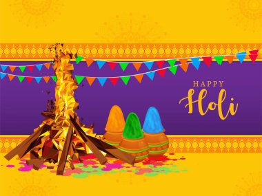 creative vector illustration. colored paint with bonfire night ( holika dahan). Indian festival of colors Happy Holi. clipart