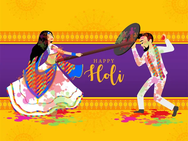Vacker kvinna kastar pinnar på mannen han försöker rädda honom med sköld, för att fira festival av india Lathmar Holi. — Stock vektor