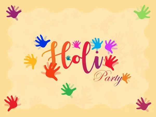 Holi Party Party Card Design mit bunten Handabdrücken. — Stockvektor