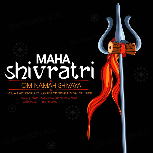 Happy Maha Shivratri. Trident with damru of lord shiv with maha shivratri text with message of om namah shivaya which meaning is that i bow to shiva.Basic RGB