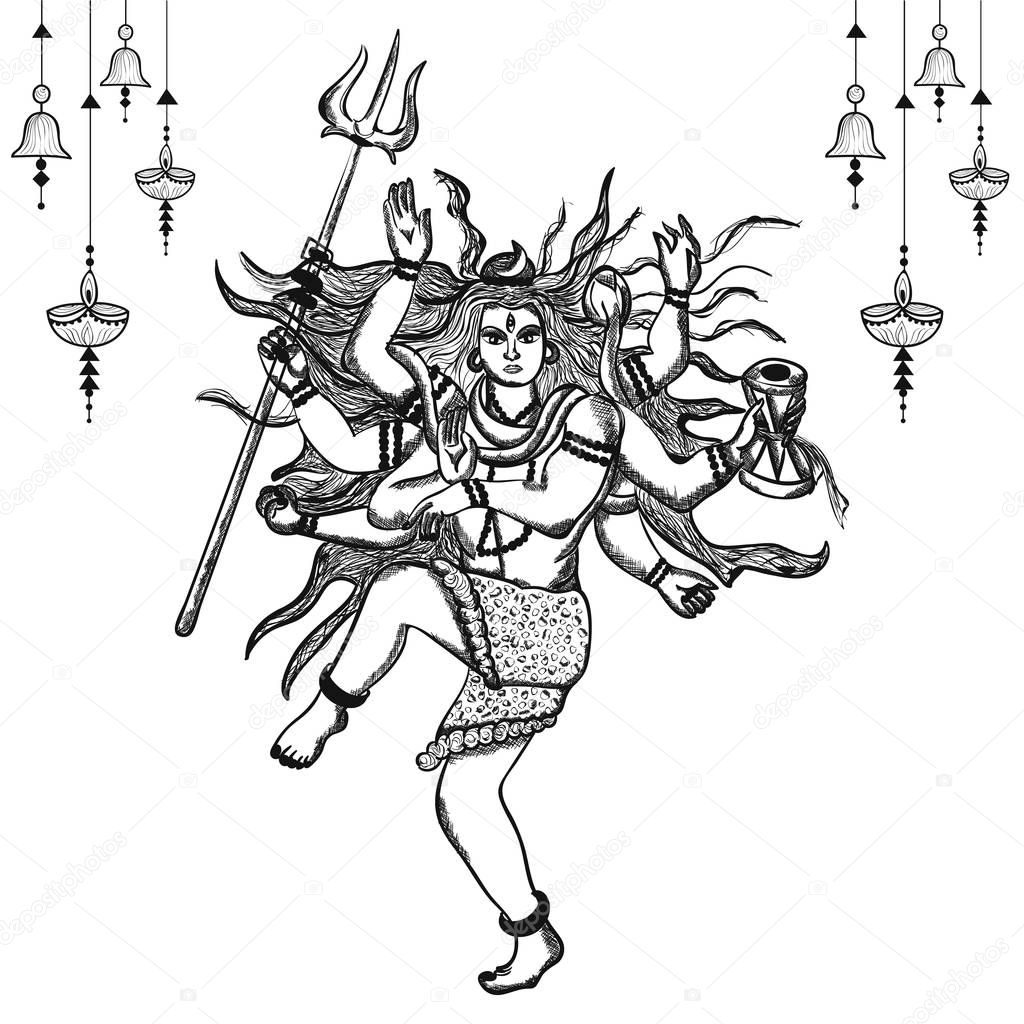 Hand drawn illustration of lord shiva in hindu mythology. Sketch of Lord shiva in Natraj dance for shivratri or mahashivratri .