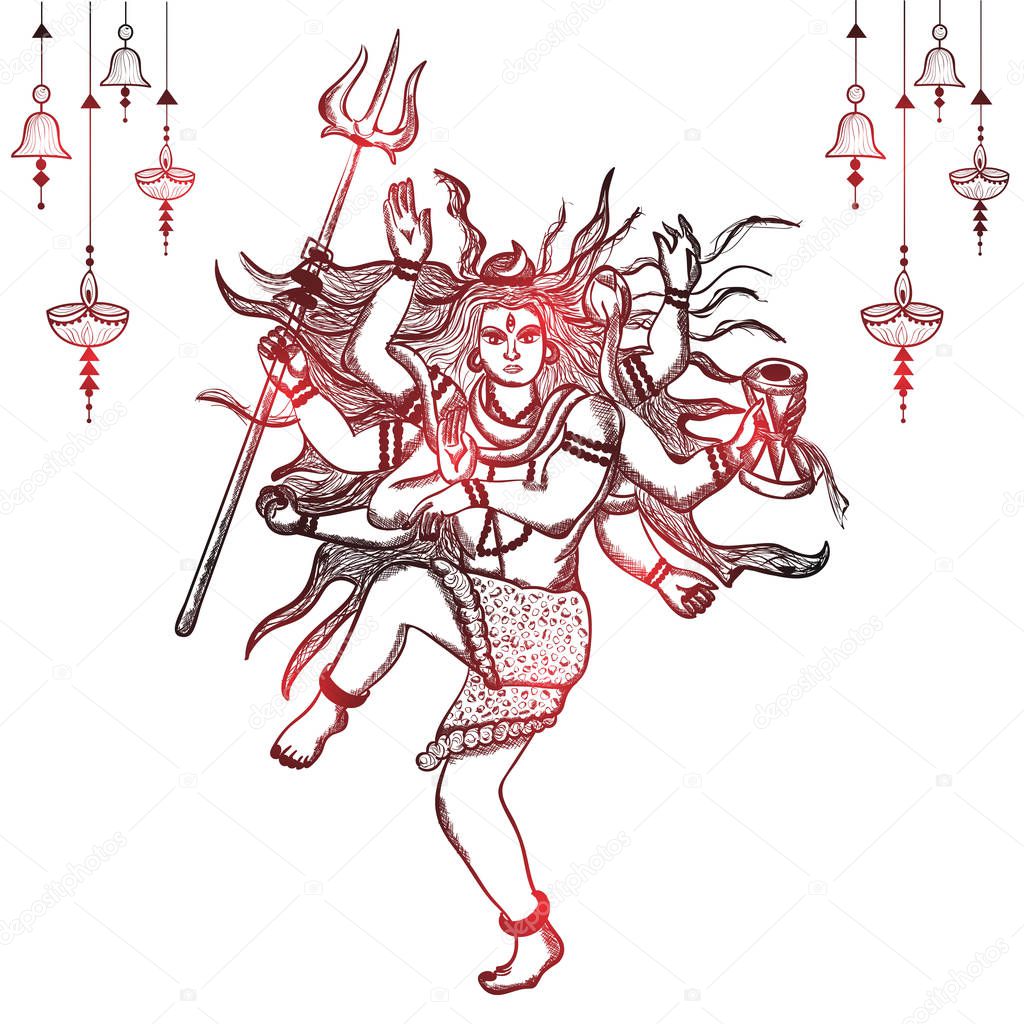 Hand drawn illustration of lord shiva in hindu mythology with red shine . Sketch of Lord shiva in Natraj dance for shivratri or mahashivratri.